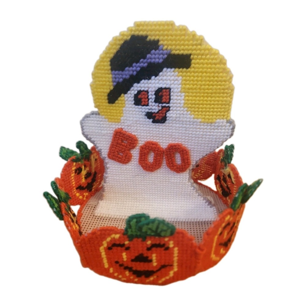 Vtg Bucilla Boo Basket Ghost Pumpkins Halloween Treat Dish Plastic Canvas Done